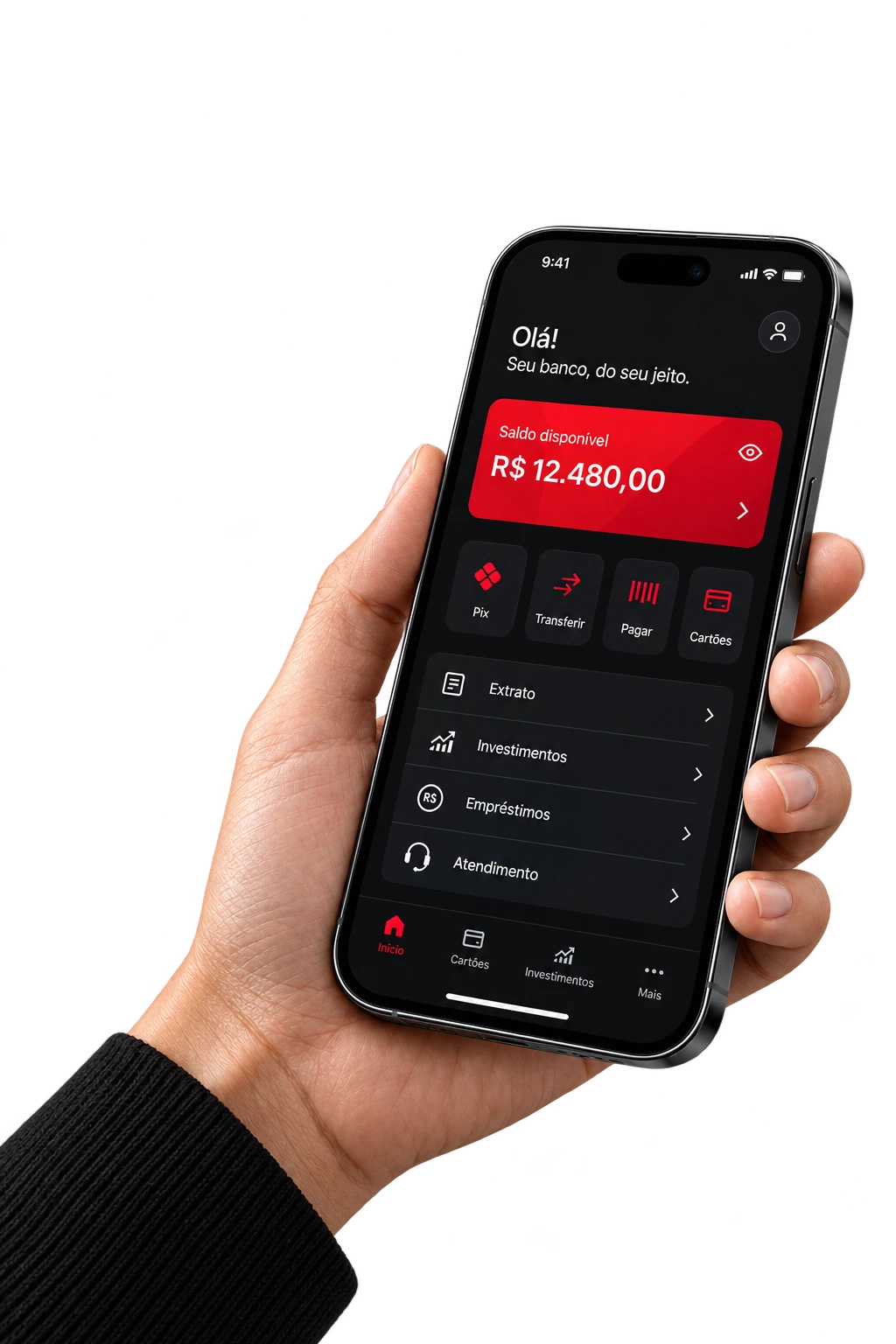 Aplicativo de Banco Digital White Label personalizado exibido em um celular